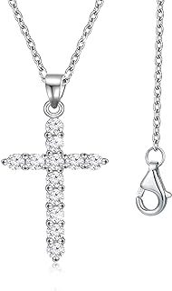 Sterling Silver Cross Pendant Necklace with Lobster Clasp and Cubic Zirconia Gems on a 18"+2" Silver Cable Chain, Classic Faithful Design for Daughter or Wife