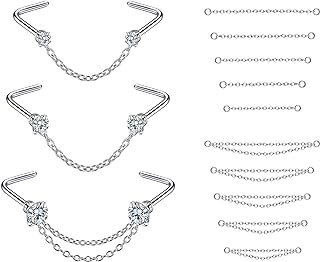 PunkTracker 20G Nose Rings 2mm 2.5mm 3mm CZ Nose Studs with Chain Surgical Steel Nose Piercing Jewelry Nose Ring Studs