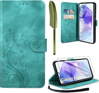 Funda AROYI de piel sintética con tapa, cierre magnético y ranuras para tarjetas para Samsung Galaxy A55 5G, verde oscuro, con protector de pantalla y lápiz táctil