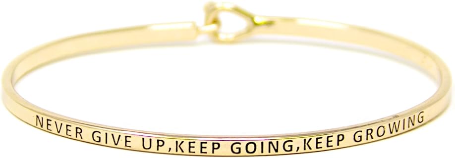 Inspirational Positive Quote Message Engraved Thin Cuff Bangle Hook Bracelet (NAVER GIVE UP, KEEP GOING, KEPP GROWING-GOLD)