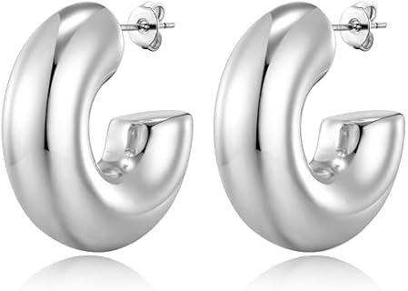 C-Shape 14K Gold Plated Thick Chunky Hoop Earrings in Sterling Silver with Push Back - Hollow, Lightweight and Hypoallergenic Design for Women