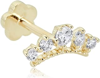 14K Yellow Gold Crown Nose Ring with Cubic-Zirconia for Women - Tiara/Cartilage Piercing Design