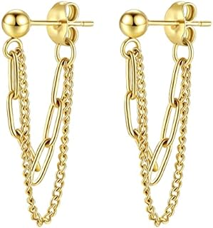 Chic 14K Gold Plated Stainless Steel Drop Chain Link Threader Earrings with Screw Back Design for Women