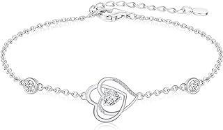 Sterling Silver Double Heart Charm Birthstone Bracelet for Women with Lobster Claw Clasp and Box Chain - Perfect Gift Idea