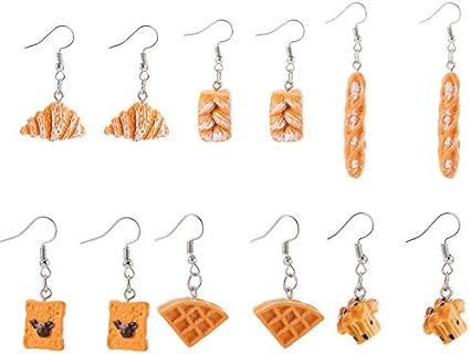 6 Pairs Handmade Simulation food Croissant French Bread Toast Dangle Drop Earrings Cute Unique Baguette Earrings Set for Women Girls