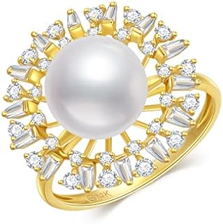 Charming 14K Yellow Gold and 9MM Freshwater Pearl Engagement Ring with Encrusted 5A Cubic Zirconia - Available in Sizes 5-11