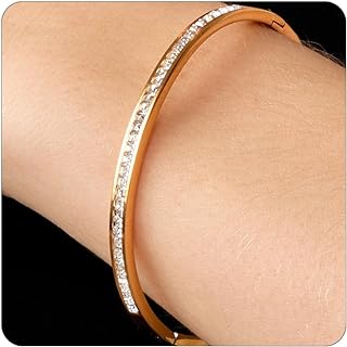 Dainty Cubic Zirconia Embellished Tennis Bangle Bracelet with Box Chain and Hidden Safety Clasp for Women - 18K Gold Plated Stainless Steel Heart Hollow Honeycomb Design