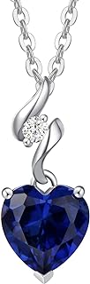 Stunning 14K White Gold Sapphire Heart Pendant Necklace with Adjustable Sterling Silver Cable Chain, Perfect Gift for Women - Exquisite Lobster-claw Clasp Valentine's Day, Anniversary or Birthday Present