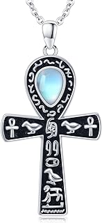 Lobster Clasp Ankh Pendant Egyptian Necklace in Sterling Silver Cable Chain with Moonstone - Unisex Jewelry - Ancient Egyptian Hieroglyphic Design