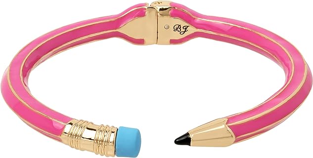 Durable No-Clasp Hinged Betsey Johnson Pencil Bangle Bracelet in Glass, Plastic, and Base Metal for Artistic Individuals- Unique Pink Pencil Design