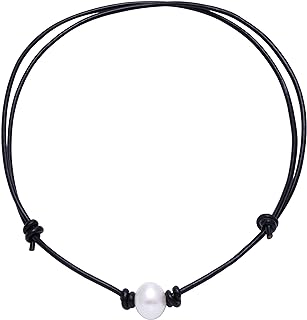 Handmade Genuine Leather Choker Necklace with Single Freshwater Pearl - Adjustable Cord Design for Women - Aobei Pearl Elegant Gift for Her