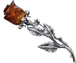 Women’s Brooch, Oxidised Sterling Silver, Baltic Amber Rose, Hand Carved, Brooch with Cognac Amber Rose