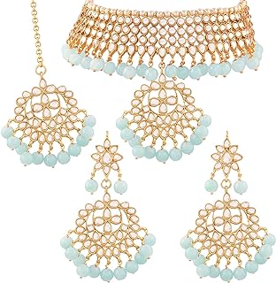 Lobster Clasp Alloy Indian Bead Necklace with Maang Tikka and Earrings for Women, with No Gemstone, Wedding-Party Design
