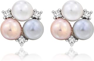 Dazzling Trio Multicolor Cultured Freshwater Pearls and Cubic Zirconia .925 Sterling Silver Stud Earrings