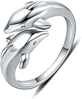 Sterling Silver Adjustable Double Dolphin Engagement Ring for Women and Teen Girls with Unique Wrap Around Design