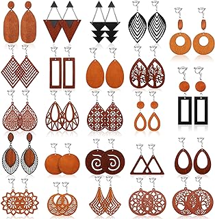 24 Pairs Wooden Clip on Earrings African Natural Wood Earrings Ethnic Statement African Jewelry Bohemian Boho Earrings Lightweight Ear Clips Earrings Set for Women