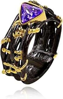 Black Vintage Ivy Engagement Ring with Cubic Zirconia for Women, Triangle Design and Wild Thorn Accentuated with Two-tone Gold Leaves