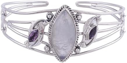 NOVICA Artisan Handmade Rainbow Moonstone Amethyst Cuff Bracelet from India Sterling Silver Birthstone [bracelet 6.25 in L (end to End) x 1.2 in W Pendant(s) 1.2 in L x 1.4 in W x 0.4 in D] '