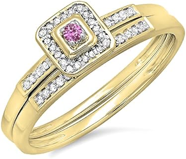 10K White Gold Clasp Pink Sapphire and Diamond Halo Bridal Ring Set, Round Design, for Brides, Engagement or Anniversary Jewellery