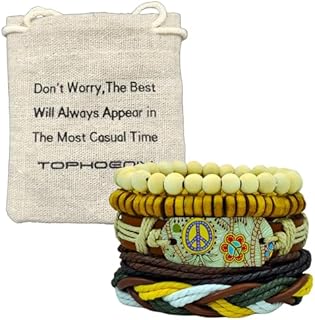 Peace Symbol Wooden Bead Woven Bracelet 5pcs set, Bohemian Style Adjustable Rubber Band Cuff Bracelet