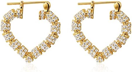 14K Gold Plated Hypoallergenic Bamboo Heart Hoop Earrings with Cubic Zirconia for Women - Brass with Snap Back Closure