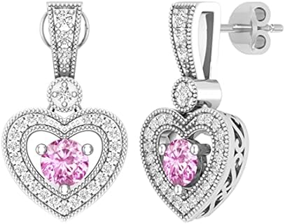 Dazzlingrock Collection 4.5mm Round Pink Sapphire & White Diamond Heart Milgrain Edged Dangle Earrings for Her (0.29 ctw, Color I-J, Clarity I2-I3) in 10K White Gold in Push Back