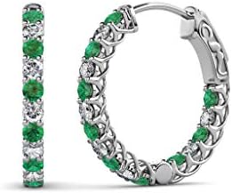 14K Yellow Gold Inside-Out Hoop Earrings with Emerald and Diamond for Women, Round Shape/Inside-Out Design