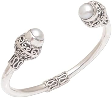 No-Clasp Sterling Silver and Freshwater Pearl Bridal Cuff Bracelet For Her, Handcrafted in Indonesia
