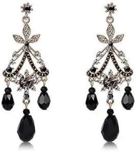 Women's Vintage Black Dangle Earrings with Silver French Wire Back and Cubic Zirconia Drop Design
