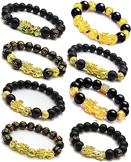 8PCS Feng Shui Good Luck Bracelets for Men Women Obsidian Bead Chinese Dragon Lucky Charm Bracelet Pixiu Pi Yao Attract Wealth Money Feng Shui Jewelry Adjustable Elastic