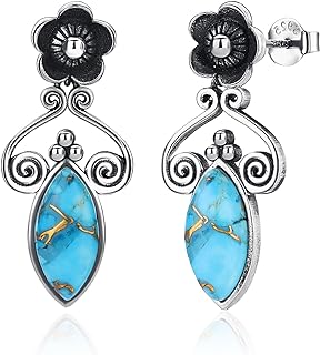 TUNGSTORY Turquoise Flower Earrings for Women 925 Sterling Silver Dangle Drop Earrings Round/Oval/Marquise Shape Turquoise Earring Push Back/Leverback