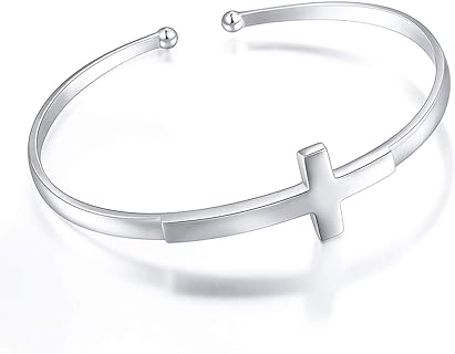 DAOCHONG Sterling Silver Sideways Cross Bangle Faith Hope Love Cross Bangle Engraved Bracelet Love Heart Circle Bangle Bracelets for Women Sister Girlfriend Gift