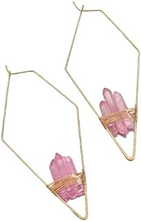 Gold Hoop Earrings for Women Geometric Rectangles Raw Quartz Crystals Dangle Earrings for Girls Gold Rhombus Minimalistic Jewelry Cooper Wire Threader Drop Earring