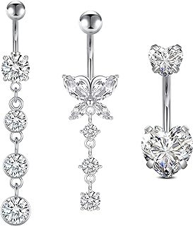 D.Bella Belly Rings for Women Belly Button Piercing Clicker Belly Button Ring Belly Button Rings Dangling 14G Surgical Steel CZ Butterfly Dangle Belly Piercing Jewelry Silver Rose Gold