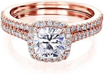 Dainty Rose Gold Cushion-Cut Lab Grown Diamond Engagement Ring Set for Her, Kobelli Bridal Pair with Halo Design