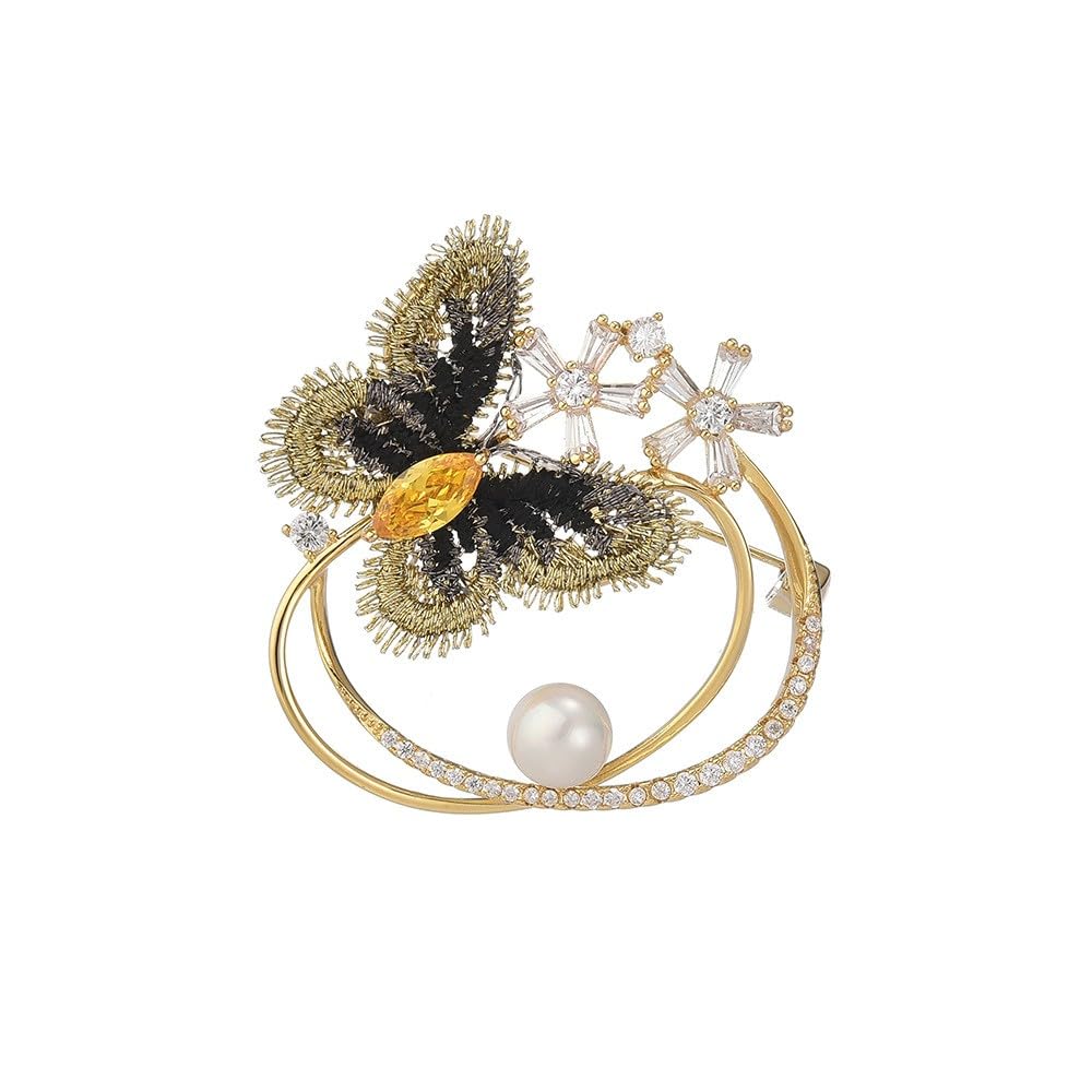 Gold-Plated Rhinestone Butterfly Brooch Pin with White Pearl Accent for Women – Elegant Butterfly Design Lapel Pin for Hat, Collar, or Scarf Decor