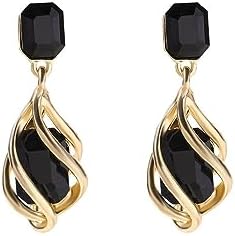 Vintage Alloy Rhinestone Dangle Earrings with French Wire Back - Rectangle Drop Design - Black and Gold - for Women and Girls
