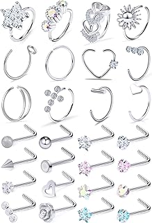 Ocptiy 18G 20G Nose Rings Studs Nose Hoops 316L Surgical Steel Hypoallergenic Silver Nose Piercings Straight Screw L Shaped Nostril Nose Rings Piercing Jewelry for Women Men 20Pcs-28Pcs
