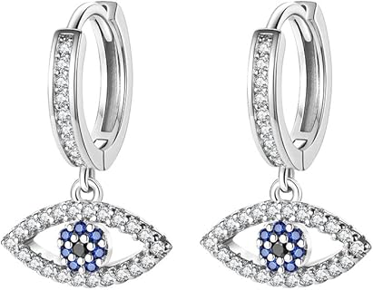 Chic 14K Gold Moissanite and Sapphire Evil Eye Hoop Earrings for Women, Lucky Huggie Jewelry with Clutchless Back Finding