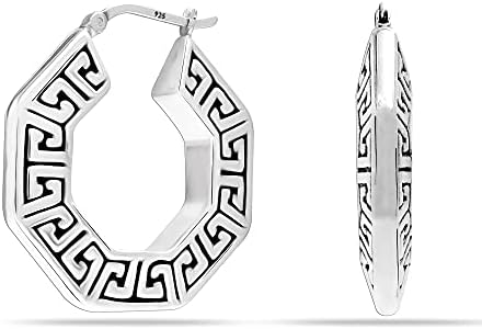 LeCalla 925 Sterling Silver Greek Key Hoop Earrings Lightweight Click-Top Greek Wall Cut-Out Pattern Earring Hoops for Women