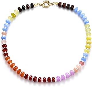 Beaded Gemstone Necklace for Women, Colorful Boho Bead Choker Necklace Natural Stone Freshwater Pearl Surfer Beach Necklace 14K Gold Plated Summer Handmade Jewelry Gifts