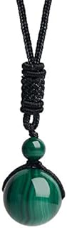 Unisex Malachite Round Bead Pendant Necklace with Spring Ring Clasp and Black Cord Chain for Men and Women