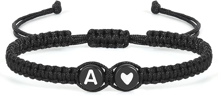 Unisex Handmade Black Rope Chain Heart Initial Bracelet with Adjustable Braided Clasp - Gift for Mom, Sister, Daughter
