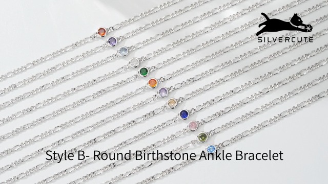 SILVERCUTE Figaro Anklets for Women, Sterling Silver Diamond Cut 3mm Link Chain Ankle Bracelet with Heart/Round Birthstone, Length 8.5"-10.5"