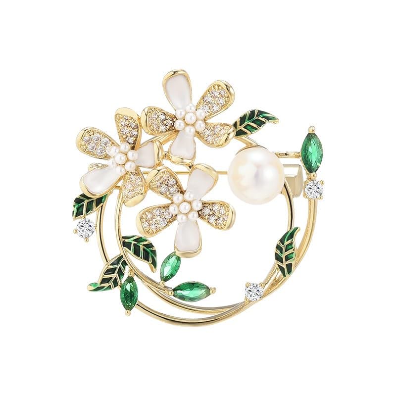 Pin-Clasp Mother of Pearl Flower Brooch with Rhinestones for Women - Elegant Floral Brooch Pin Design Gift for Wife, Mom, Girlfriend on Valentine's and Mother's Day