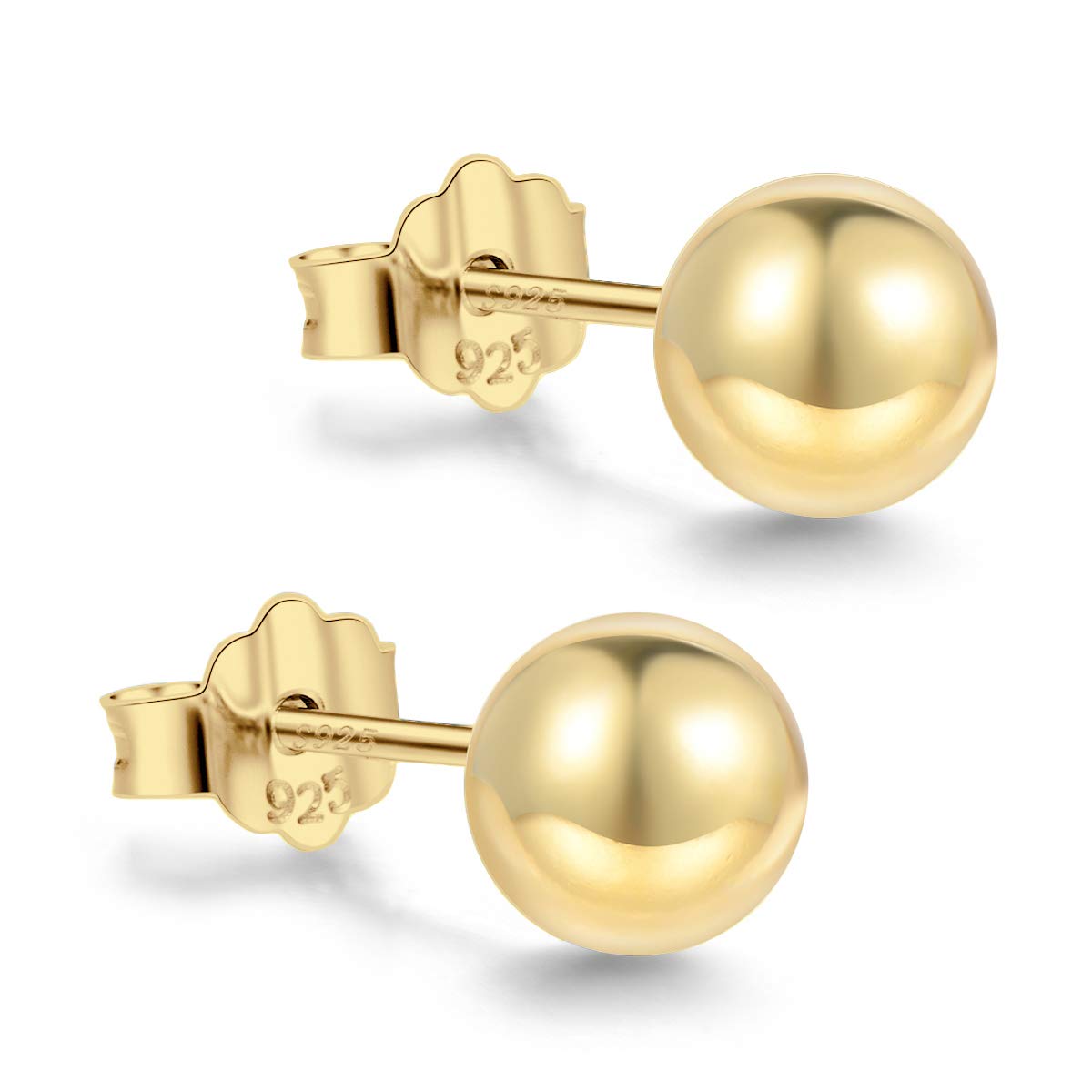 18K Gold Plated Sterling Silver Push Back Ball Stud Earrings for Men and Women, Hypoallergenic Minimalist Design