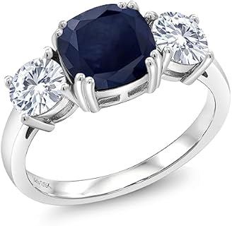 Gem Stone King 925 Sterling Silver Blue Sapphire and White Moissanite 3 Stone Engagement Ring For Women (3.82 Cttw, Gemstone September Birthstone, Cushion 8MM, Available in Size 5,6,7,8,9)