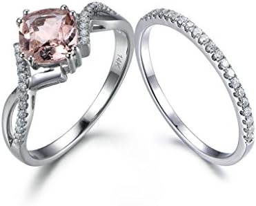 2pcs Cushion Peach Pink Morganite Wedding Ring Set,Twist 14k Gold,Diamond Half Eternity Matching Bands