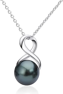 DENGGUANG Tahitian Black Pearl Necklace for Women Genuine 9-10mm Round Tahitian Cultured Pearls Pendant 18K Gold Plated 925 Sterling Silver - Jewelry Gifts for Mom Wife Daughter