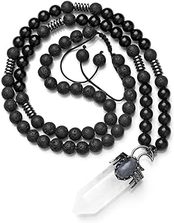 Top Plaza Natural Stone Healing Crystal Hexagonal Pointed Gemstone Pendant Necklace Crescent Moon Jewelry Adjustable Lava Rock Beads Necklaces for Women Men